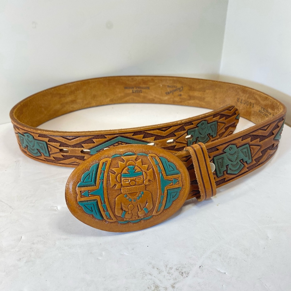 VTG Hand Painted Tooled Brown Leather Western Native American Indian Belt Size28